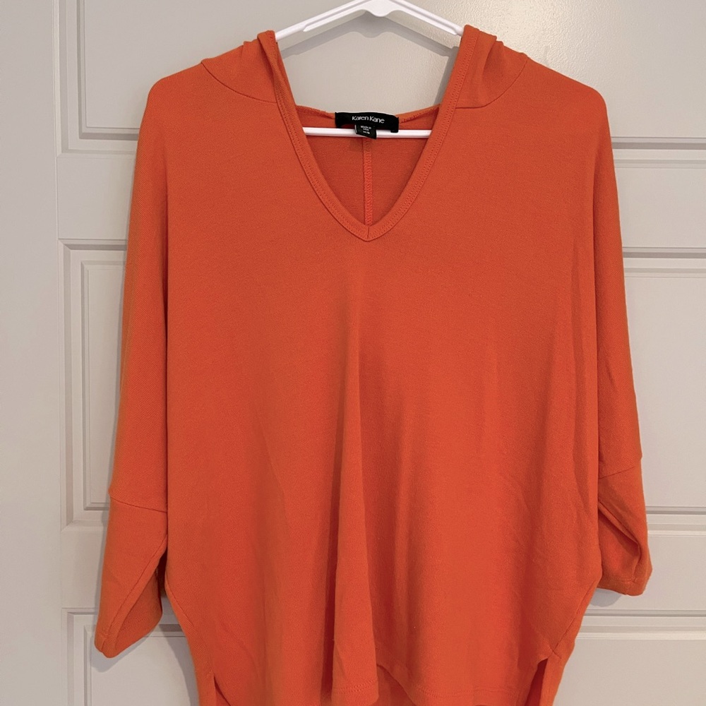 Karen Kane Orange Vneck Hoodie Knit Sweater Top with Hood 3/4 Sleeve Knit Hoodie